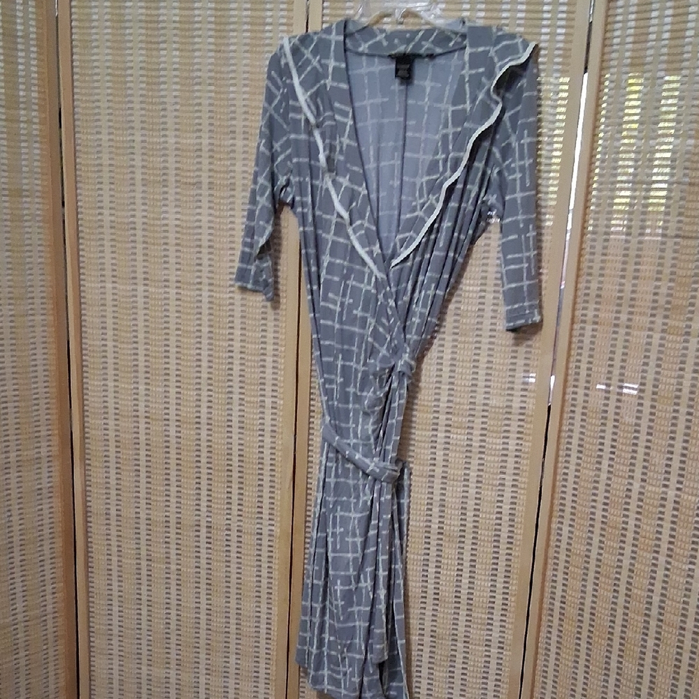 Miss Tina Gray Wrap-Style Long Sleeve Dress with White Grid